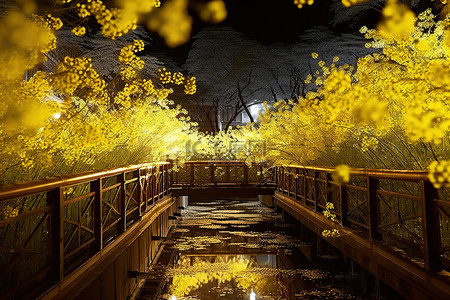 夜间桥上盛开的黄色花朵的图像