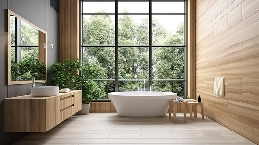 洗手背景图片_现代浴室设计以木材和瓷砖元素为特色，并具有 3D 渲染窗口视图