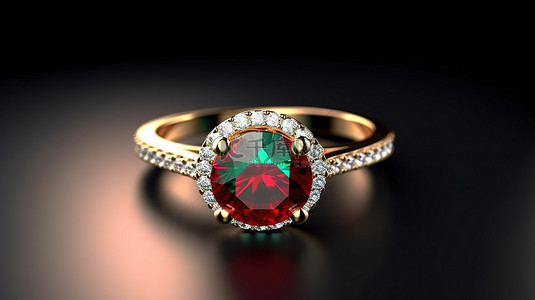 3D 渲染精美的钻石戒指在白色孤立背景下的辐射红色祖母绿晶体上