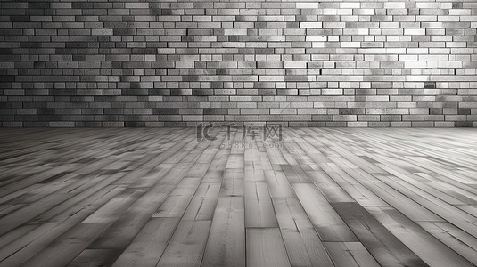 灰色砖墙和木板木地板的 3D 渲染