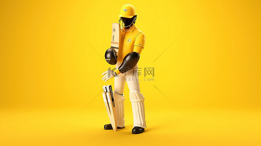 板球拍背景图片_新西兰板球队运动员在比赛中装备黄色背景上充满活力的 3D 渲染