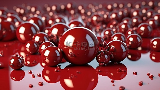 海报背景模板红色背景图片_时尚的 3D 插画设计，色彩缤纷的闪亮球落在红色中