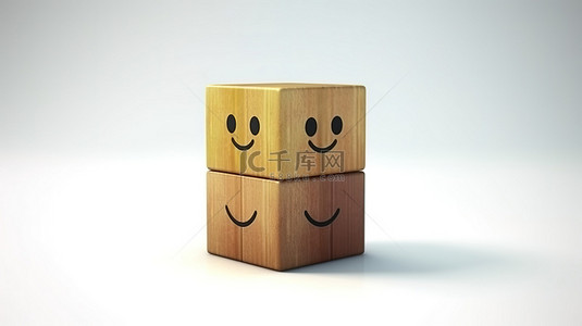 快乐的背景图片_客户服务评估木立方体的 3D 插图，白色背景上有一张快乐的脸