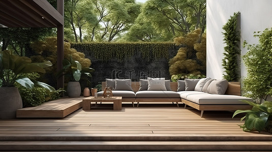 想休息不你没钱背景图片_从木楼梯休息区俯瞰花园的 l 形沙发的 3d 渲染
