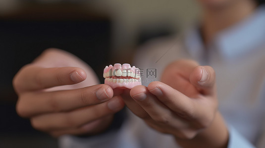 学生实验室背景图片_学生在相机取景器中展示 3D 打印假牙