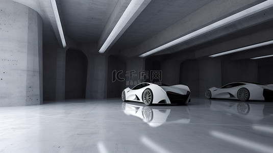 未来派建筑 3D 渲染，以空混凝土地板和汽车展示为特色