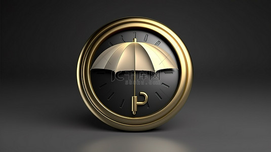 3D 渲染的灰色圆形钥匙按钮，带有金色雨伞图标和界面 ui ux 元素