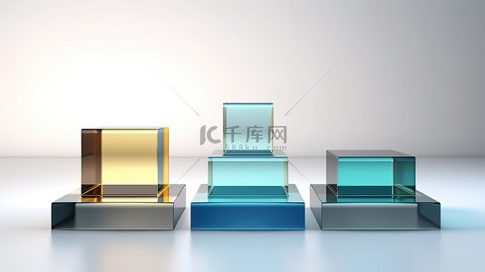 亚克力块背景图片_白色背景 3D 渲染上有五个块的照明玻璃讲台