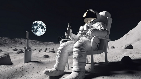 在月球上放松 3D 渲染宇航员在安乐椅上享用啤酒