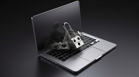 黑客攻击背景图片_带有以 3D 呈现的锁定图标的安全笔记本电脑