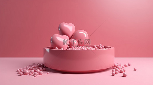 情人节讲台，有心和粉红球 3D 渲染