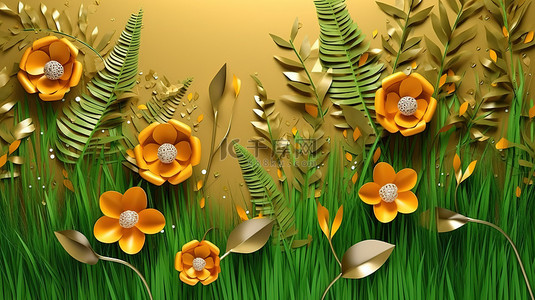 绿草芽背景图片_金色花纸和绿草的 3d 渲染
