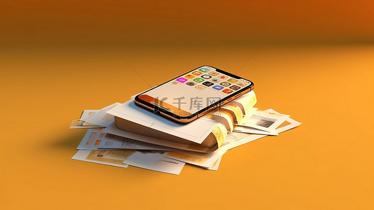 纸币机背景图片_从某个角度躺在手机前的纸币的 3D 渲染图