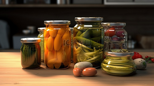 厨房用具油和罐装蔬菜在罐子里的 3D 渲染