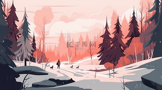 行人雪地背景图片_冬季森林雪地步行扁平插画背景