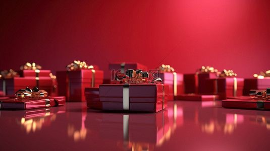红色节日礼物盒背景图片_在红色玻璃背景下以 3D 形式渲染的节日礼物