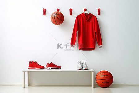 红色篮球篮球鞋衬衫和墙上的篮球棒