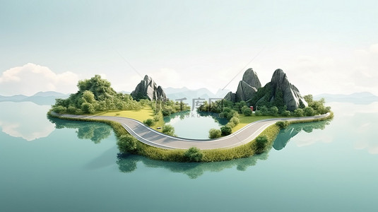 悬空高速公路上的壮观风景 3D 旅游度假广告插画