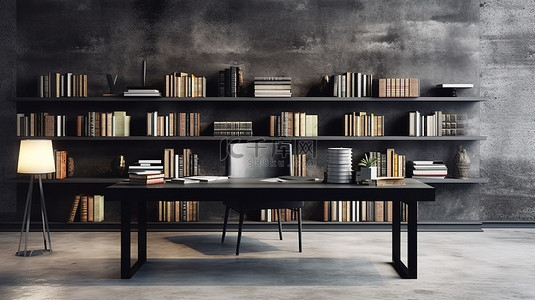 时尚的空混凝土桌子，可欣赏黑色书架上现代和经典图书馆书籍的景观 3D 渲染，具有深场效果