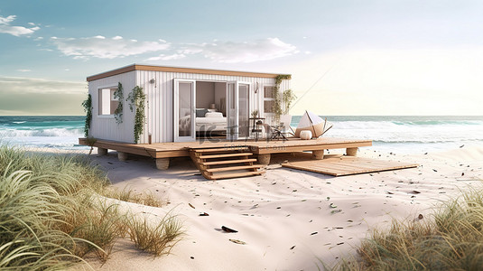 夏日海滩小背景图片_带木甲板的海滨小房子的 3D 插图