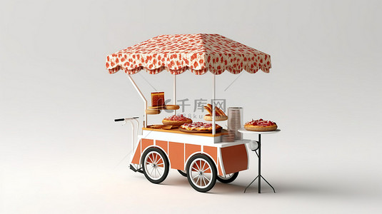 炸鸡猪蹄香肠背景图片_干净的白色背景下披萨手推车的 3D 渲染图像