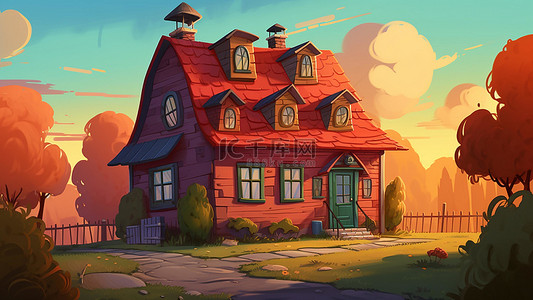 卡通房子建筑红色