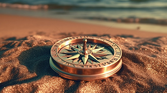 岸上的波妞背景图片_在荒凉的海岸上关闭带有 Windrose 的光滑青铜复古指南针的 3D 渲染