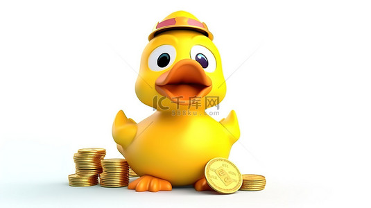 可爱的黄色卡通鸭吉祥物，带有存钱罐和金币，通过 3D 渲染在白色背景上展示