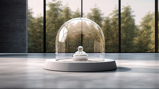 白色托盘坐在空玻璃圆顶 3D 渲染内的混凝土讲台上