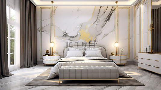 mbe风格床背景图片_现代卧室设计，采用白色大理石金色纹理和经典风格 3D 渲染的白色家具