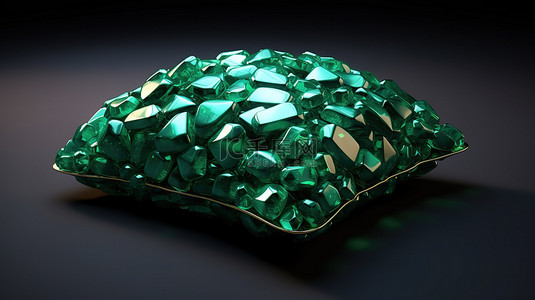 方形坐垫的 3D 渲染，配有令人惊叹的祖母绿宝石