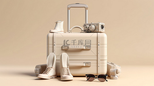 鞋子夏季背景图片_白色夏季旅行概念米色手提箱相机包眼镜和鞋子的 3D 渲染