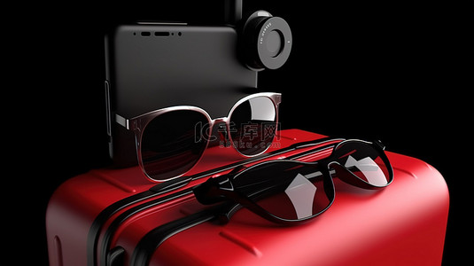 旅行箱旅行背景图片_在醒目的黑色和红色背景上以 3D 渲染风格旅行手提箱相机飞机智能手机太阳镜和救生圈