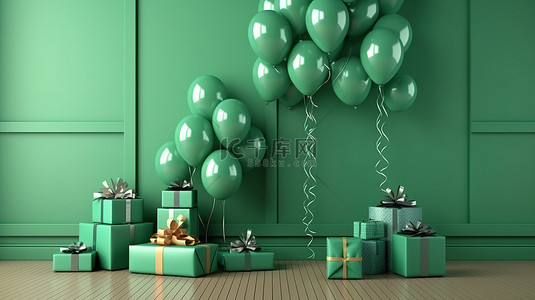 充满活力的派对或活动装饰，配有彩色室内气球和礼物，衬托绿色空白墙 3D 渲染模型