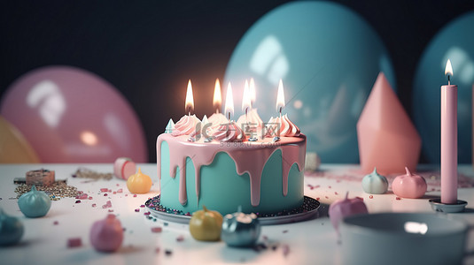 蛋糕周年背景图片_柔和主题的生日庆祝概念 3d 渲染蛋糕与蜡烛