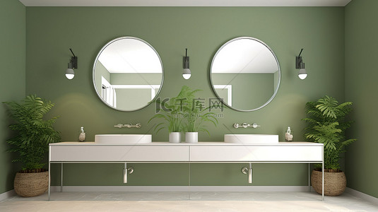 绿色卫生背景图片_浴室的 3D 渲染配有绿色墙壁双白色洗脸盆和椭圆形镜子
