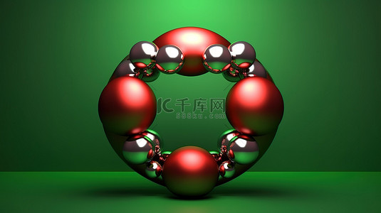 绿色花环背景图片_发光的红色圣诞装饰品搁在丁香背景上的圆形绿色花环中 3D 抽象插图