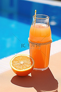 柠檬橙汁小清新背景图片_游泳池旁边桌子上的橙汁