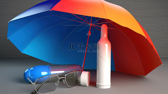 夏日防晒霜背景图片_屏蔽阳光 3D 防晒霜雨伞和太阳镜