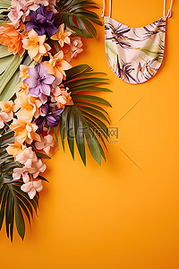 条纹橙背景图片_黄色的墙壁，上面有热带花卉和热带条纹