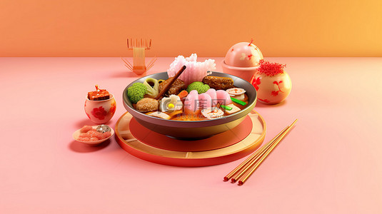 粉红色背景下 3D 渲染插图中的美味日本料理