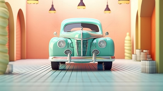 复古玩具启发的复古汽车，采用柔和的蓝色和绿色 3D 渲染