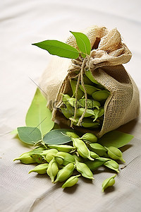 豌豆背景图片_袋子里装着山药叶，里面有一袋豌豆和种子