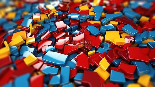 抽象马赛克瓷砖彩色 3D 渲染，带有切块方形表面和充满活力的蓝色红色和黄色元素