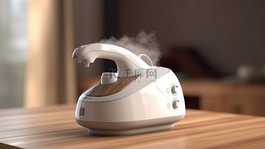 家用维修工具背景图片_放置在木桌上的现代蒸汽熨烫机的 3D 渲染