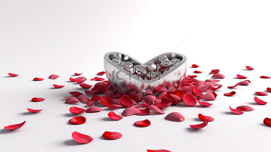 玫瑰白背景图片_情人节 3d 渲染白色背景和玫瑰花瓣中的红色心形钻石