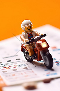 蓝色的摩托车背景图片_支票顶部骑着摩托车的乐高雕像
