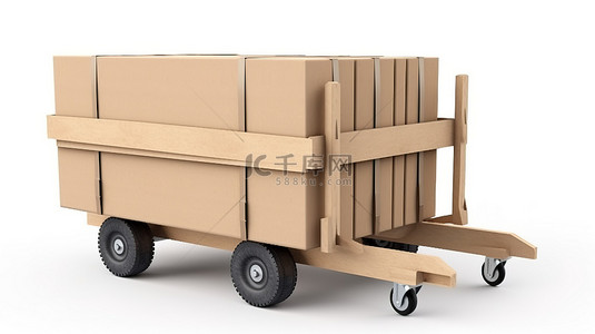 白色背景 3d 渲染重型推车上的纸箱