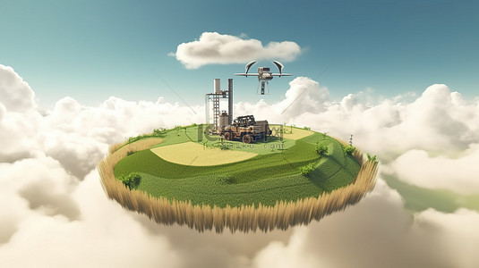 智慧农村背景图片_浮岛上麦田上空的农用奇幻拖拉机和无人机