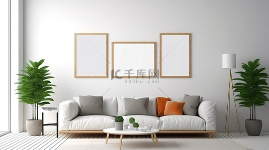 创意展海报背景图片_宽敞的休息室，墙上有一张空海报 3D 可视化和渲染